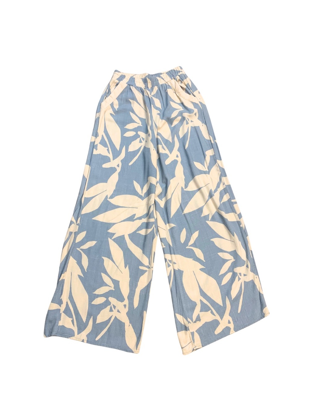 Blue Cream Tropical Leaf Print Wide Leg Linen Pants Getaway Euro Summer Vacay